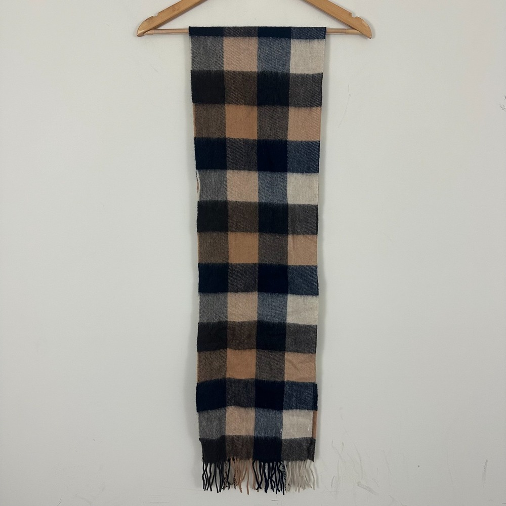 Barbour Tattersall Scarf Brown Buffalo Plaid Lambs Wool Fringe USC0005TN63 Large